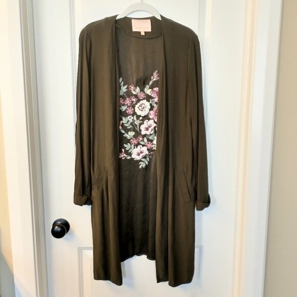 Gibson Latimer Olive Green Floral Embroidered  Kimono Jacket Duster Coat Size S - Picture 4 of 13